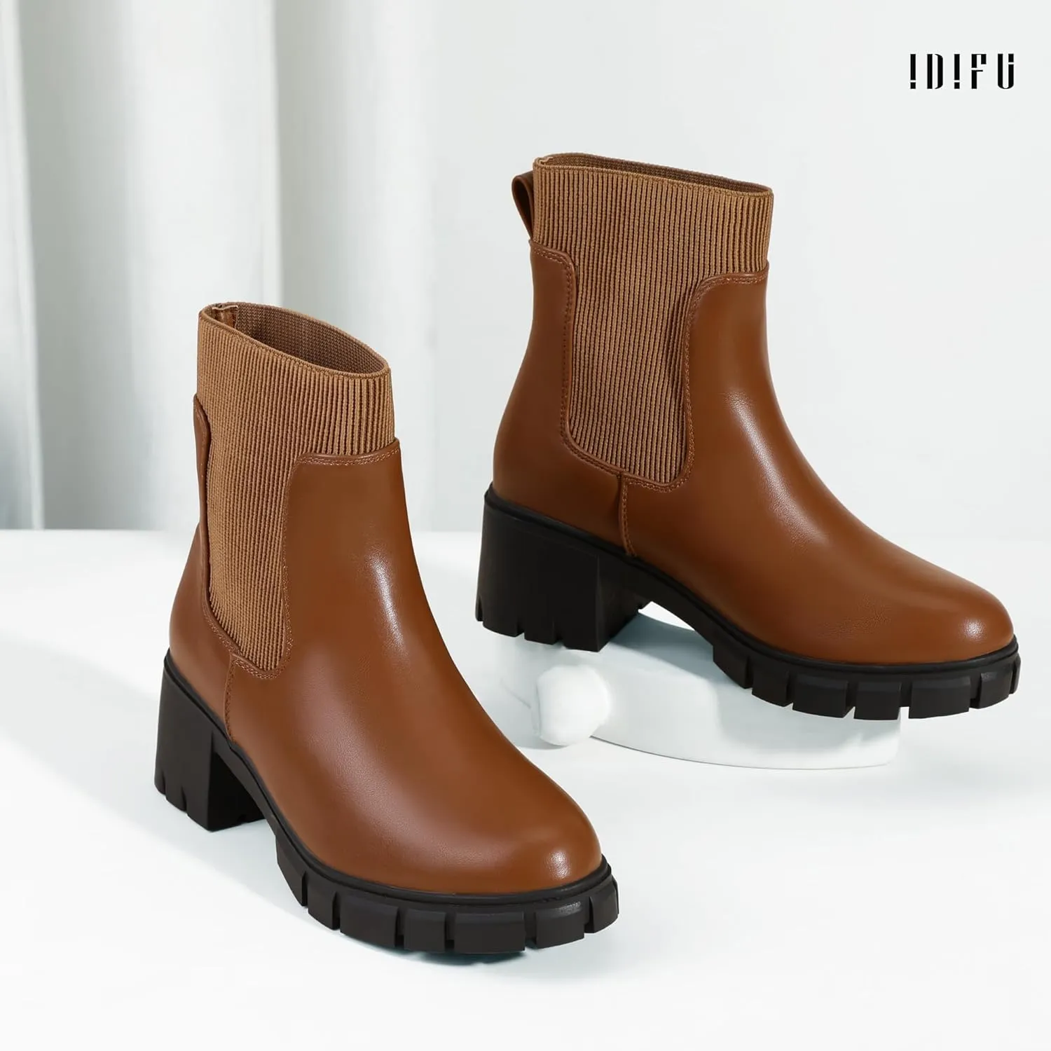 IDIFU IN2 Chelsea Boots Elastic Ankle Boots for Women Platform Lug Sole Women's Boots Round Toe Low Chunky Block Heeled Booties Work Dress Fashion Casual Comfortable Slip on Short Boots