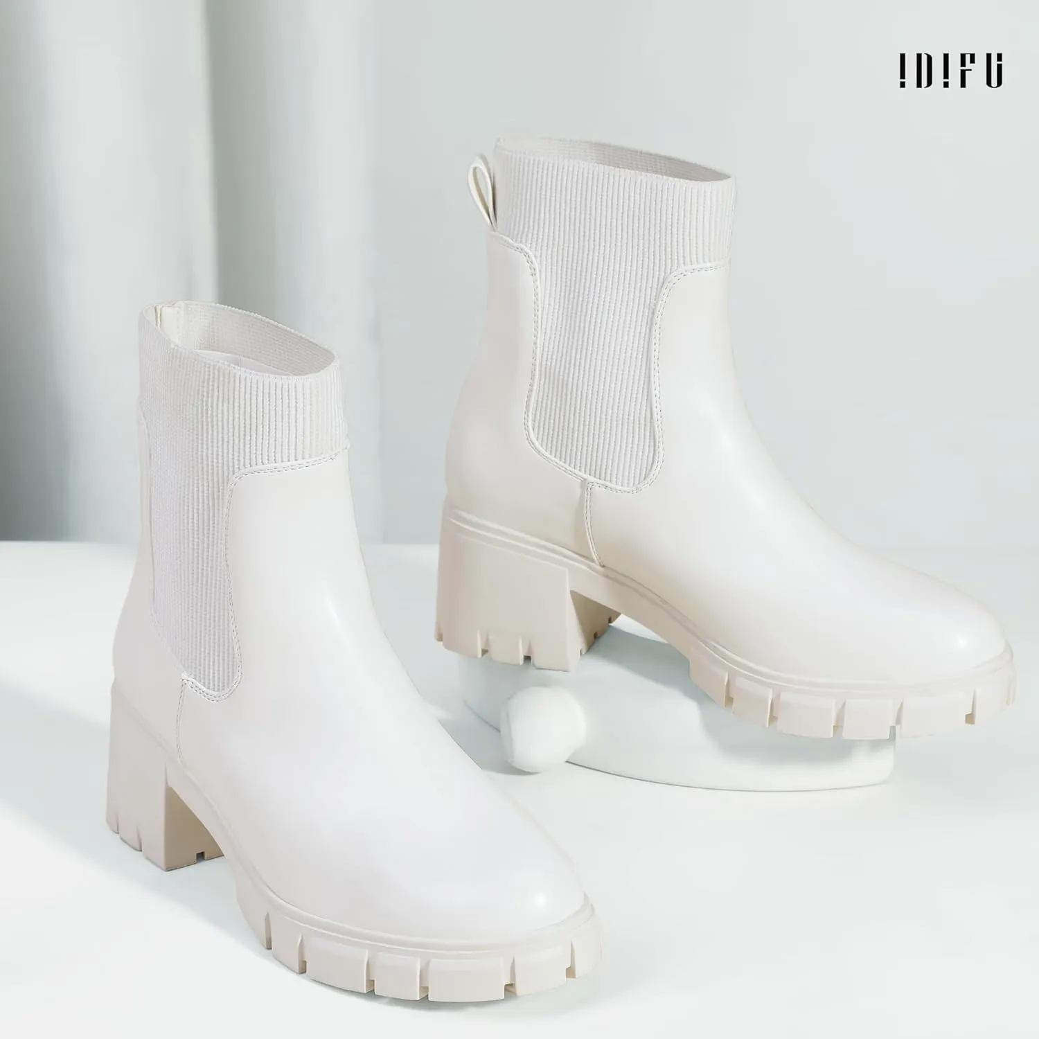 IDIFU IN2 Chelsea Boots Elastic Ankle Boots for Women Platform Lug Sole Women's Boots Round Toe Low Chunky Block Heeled Booties Work Dress Fashion Casual Comfortable Slip on Short Boots