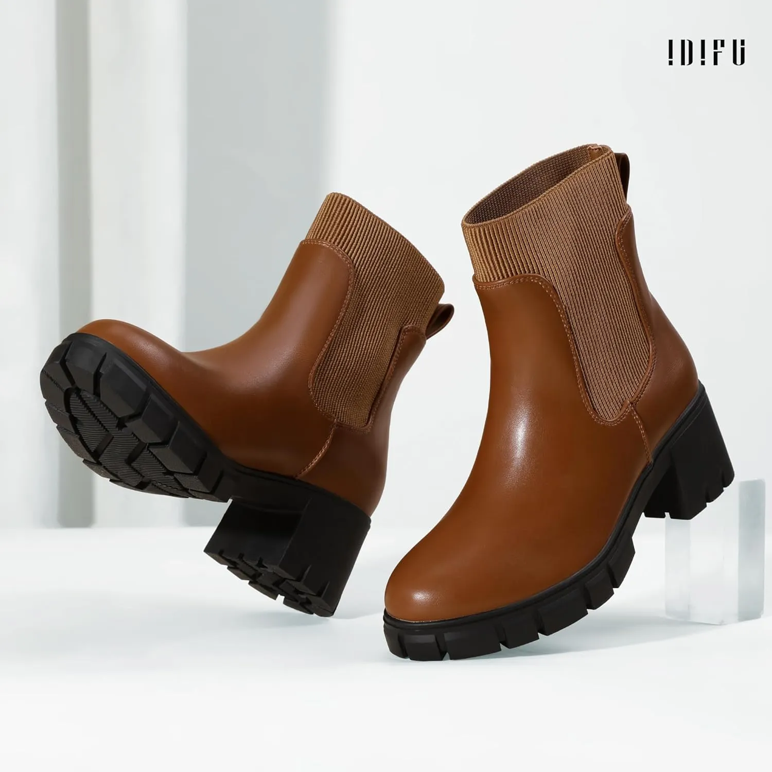 IDIFU IN2 Chelsea Boots Elastic Ankle Boots for Women Platform Lug Sole Women's Boots Round Toe Low Chunky Block Heeled Booties Work Dress Fashion Casual Comfortable Slip on Short Boots