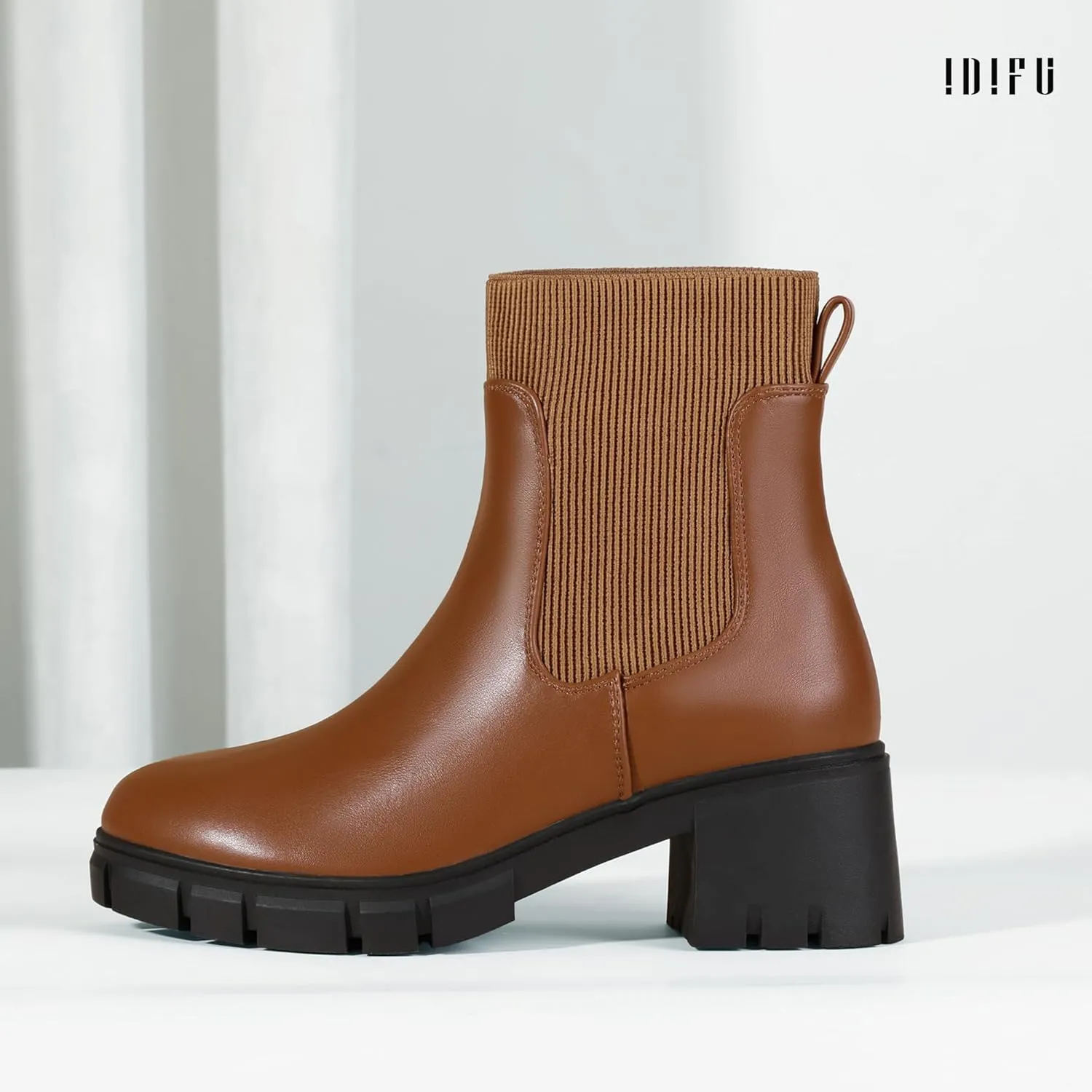 IDIFU IN2 Chelsea Boots Elastic Ankle Boots for Women Platform Lug Sole Women's Boots Round Toe Low Chunky Block Heeled Booties Work Dress Fashion Casual Comfortable Slip on Short Boots