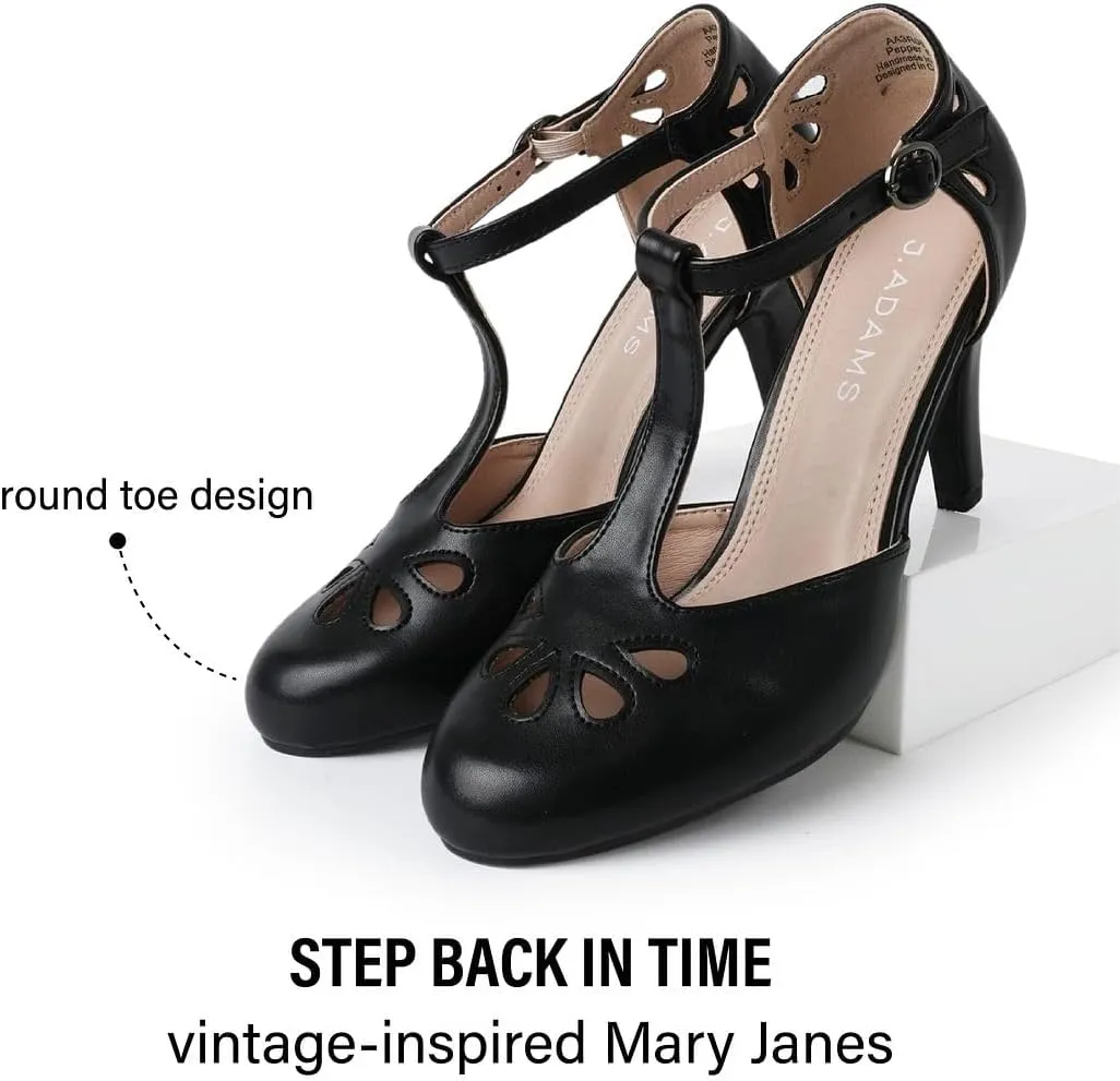 J. Adams Pepper Mary Janes - Vintage Cutout Low Kitten Heels Retro T Strap Pumps