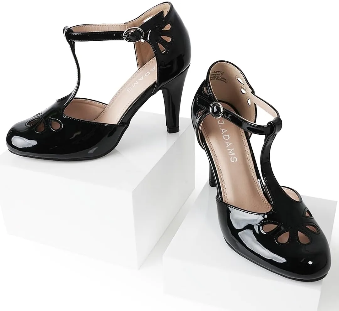 J. Adams Pepper Mary Janes - Vintage Cutout Low Kitten Heels Retro T Strap Pumps