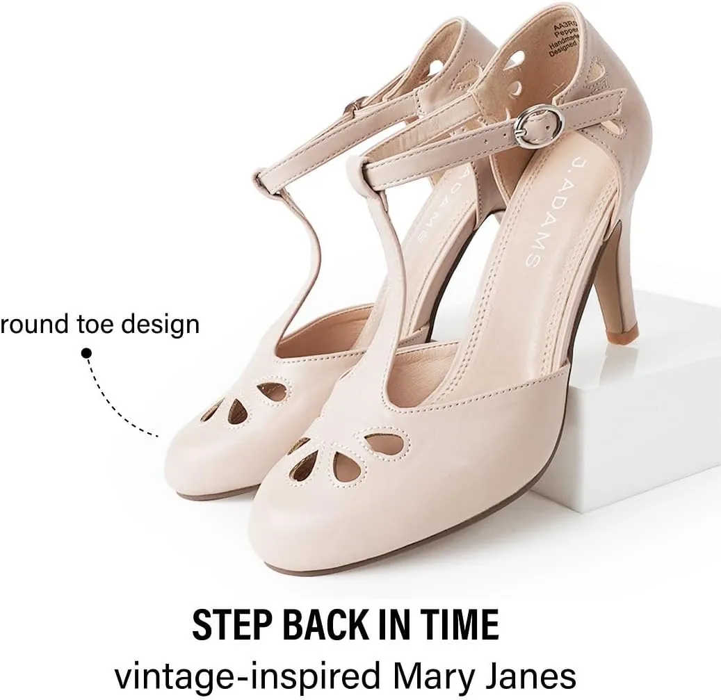 J. Adams Pepper Mary Janes - Vintage Cutout Low Kitten Heels Retro T Strap Pumps