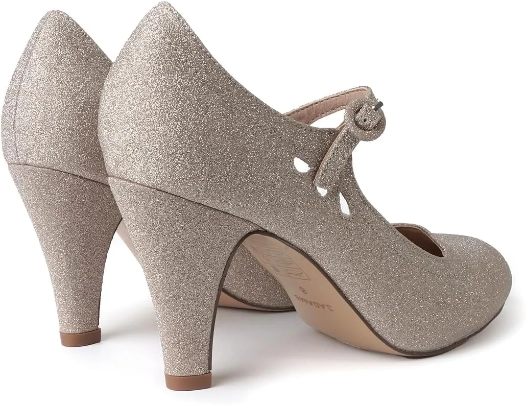 J. Adams Pixie Mary Jane Shoes Women Oxford Pumps - Cute Low Kitten High Heels - Retro Vintage Shoes for Women 1950s Mary Janes Round Toe Shoe with Ankle Strap - Women Dress Shoes