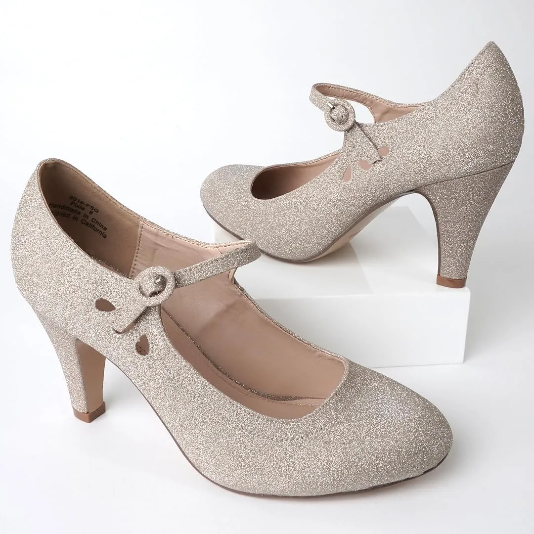 J. Adams Pixie Mary Jane Shoes Women Oxford Pumps - Cute Low Kitten High Heels - Retro Vintage Shoes for Women 1950s Mary Janes Round Toe Shoe with Ankle Strap - Women Dress Shoes