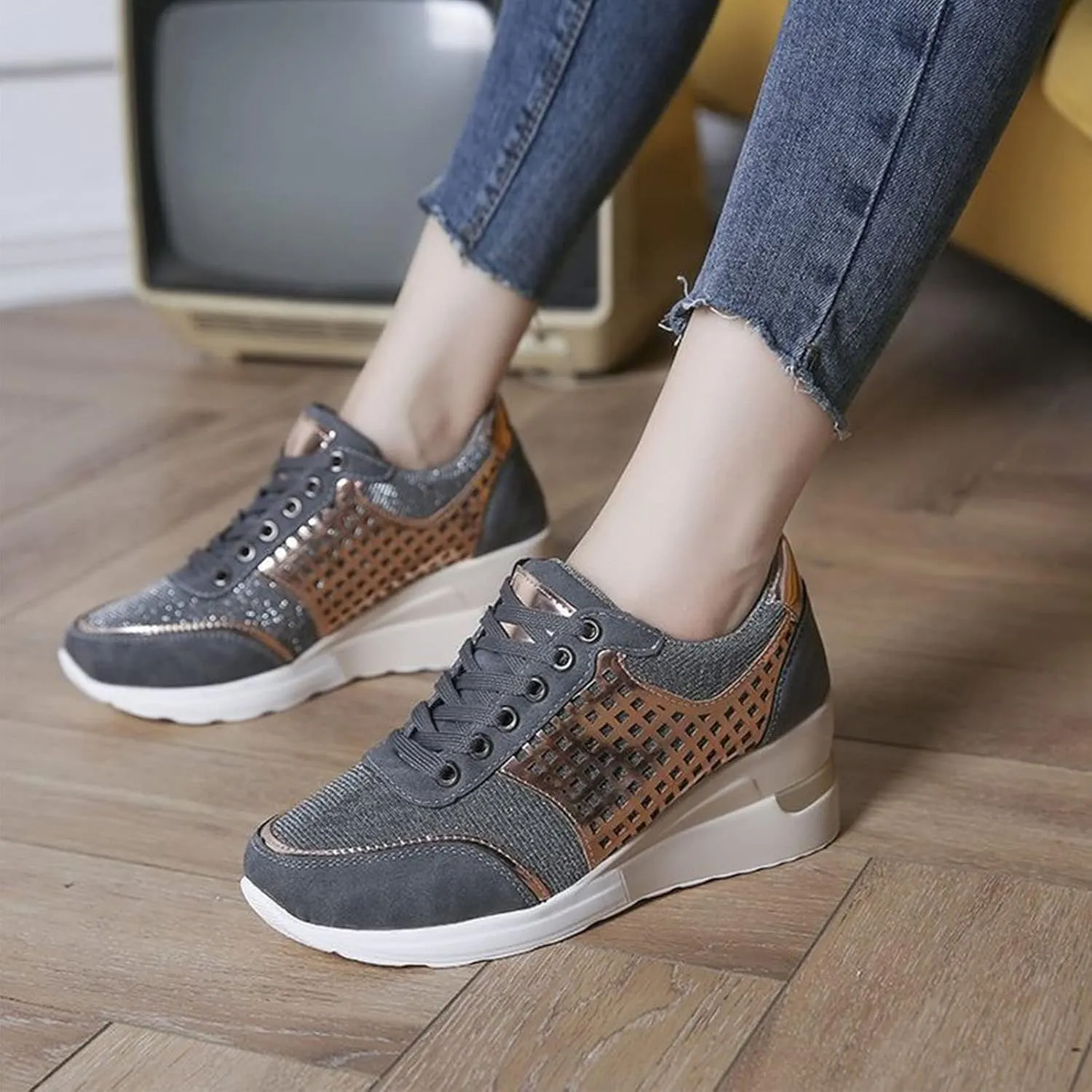 Keilinia Women's High Heeled Wedge Sneakers,2022 Fall Fashion Hidden Casual Comfort Breathable Lace Up Walking Platform Shoes