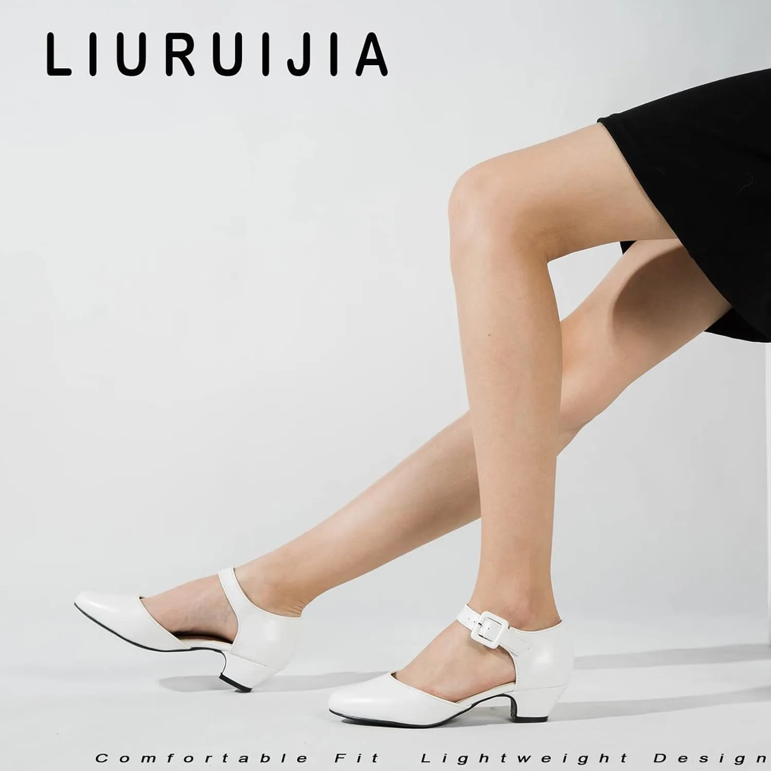 LIURUIJIA Women's Closed Toe Low Chunky Heel Pumps Ankle Strap Dress Shoes for Work Wedding Party Dance