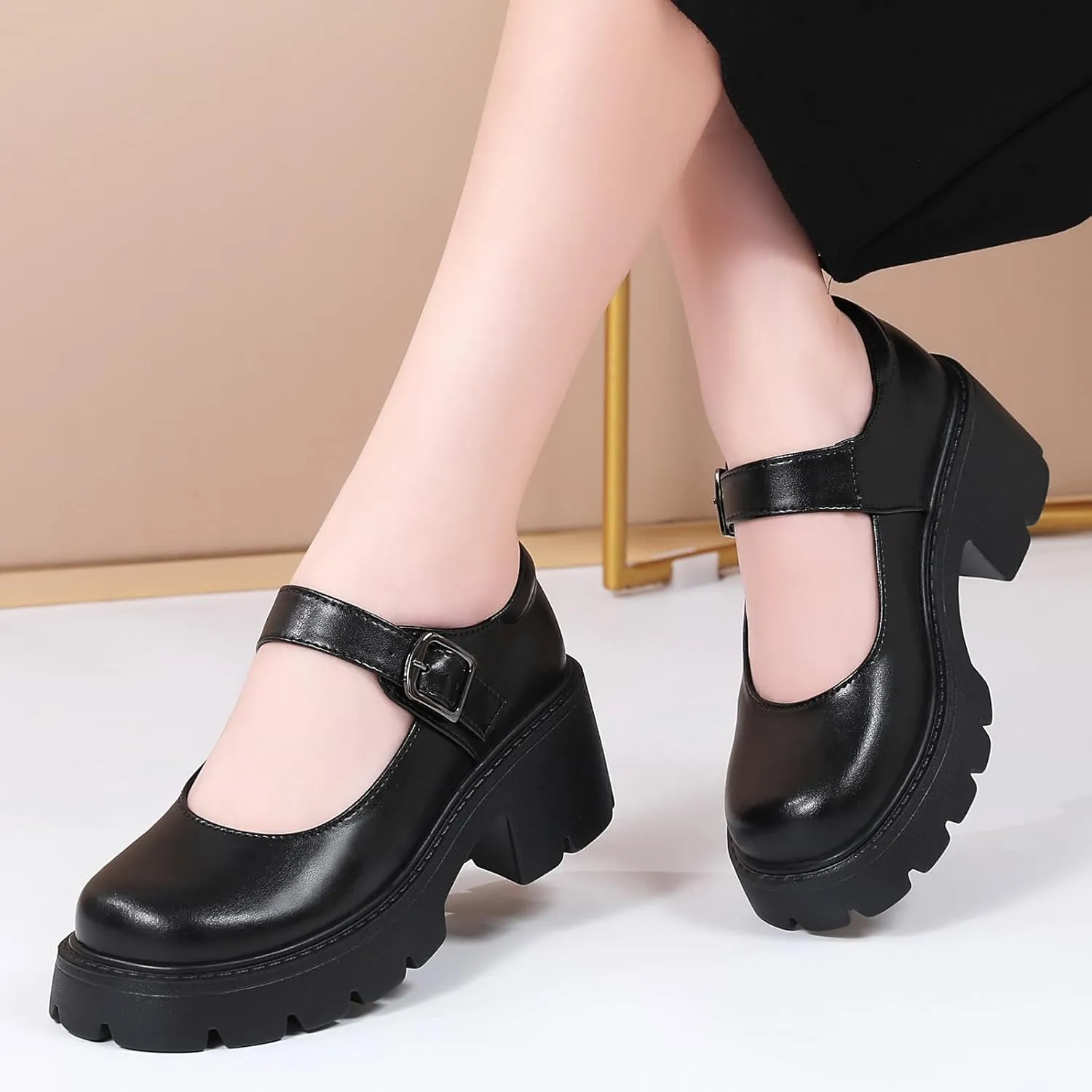 Mary Jane Shoes Women Platform Mary Janes for Women Round Toe Chunky Heels Women's Pumps Fashion Classic Comfortable Dressy Business Casual Shoes Dress Shoes
