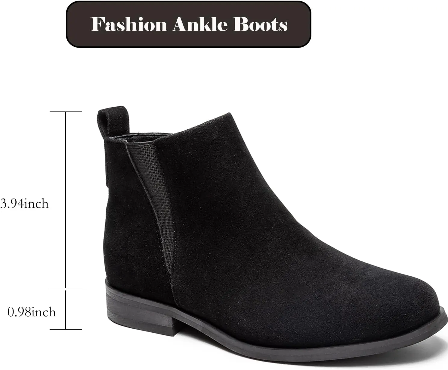 MEMON Womens Black Chelsea Boots,Suede Booties Low Heel,Casual Elastic Ankle Boots,Slip On Dress Boots For Women