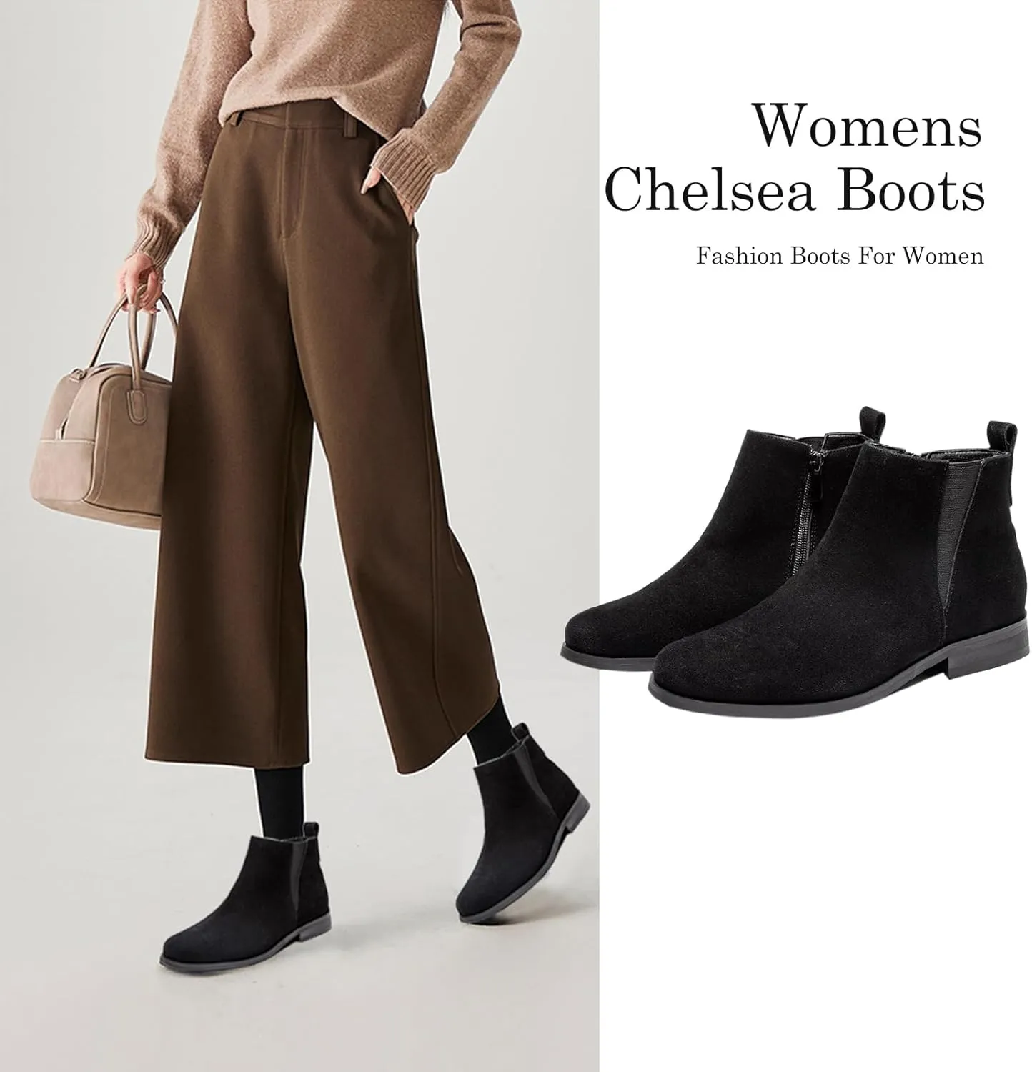 MEMON Womens Black Chelsea Boots,Suede Booties Low Heel,Casual Elastic Ankle Boots,Slip On Dress Boots For Women