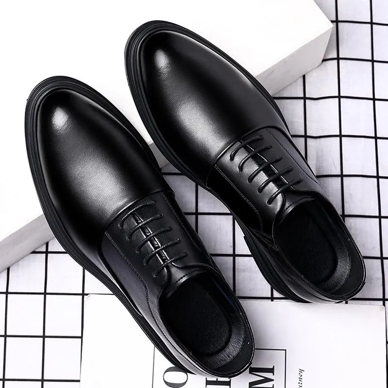 Mens 2-Inch Elevator Leather Oxford Shoes, Black Leather Height Increase Dress Formal That Make You Taller 2 Inches.
