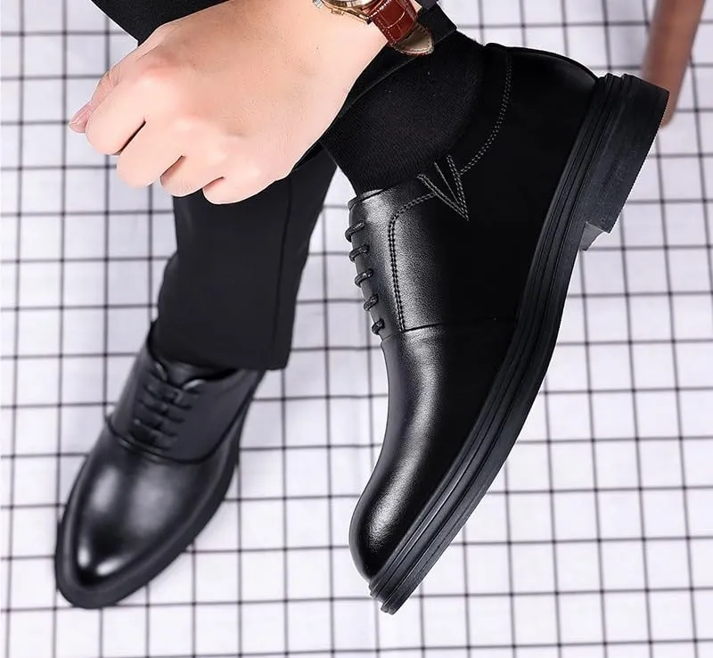 Mens 2-Inch Elevator Leather Oxford Shoes, Black Leather Height Increase Dress Formal That Make You Taller 2 Inches.