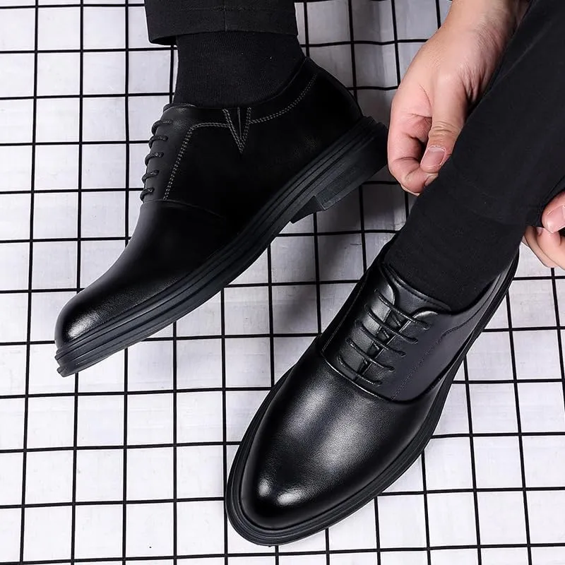 Mens 2-Inch Elevator Leather Oxford Shoes, Black Leather Height Increase Dress Formal That Make You Taller 2 Inches.