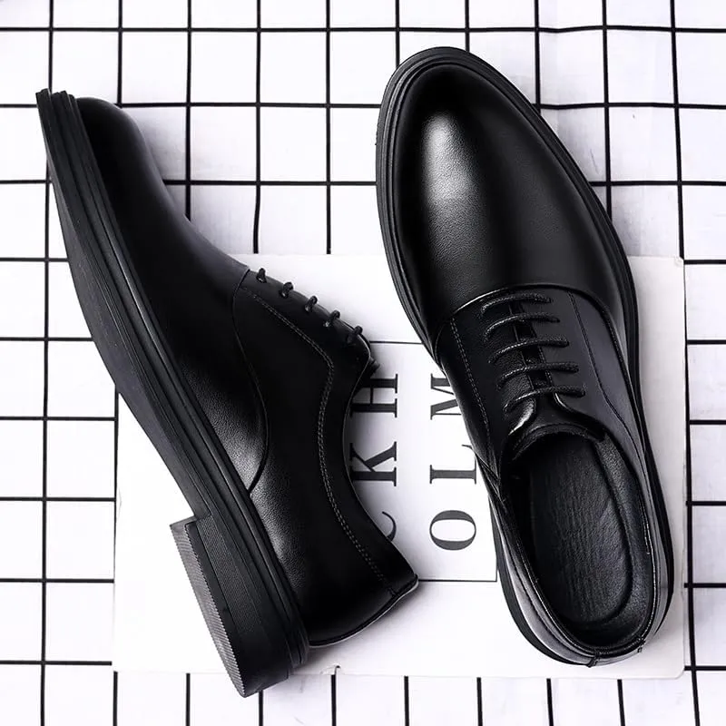 Mens 2-Inch Elevator Leather Oxford Shoes, Black Leather Height Increase Dress Formal That Make You Taller 2 Inches.