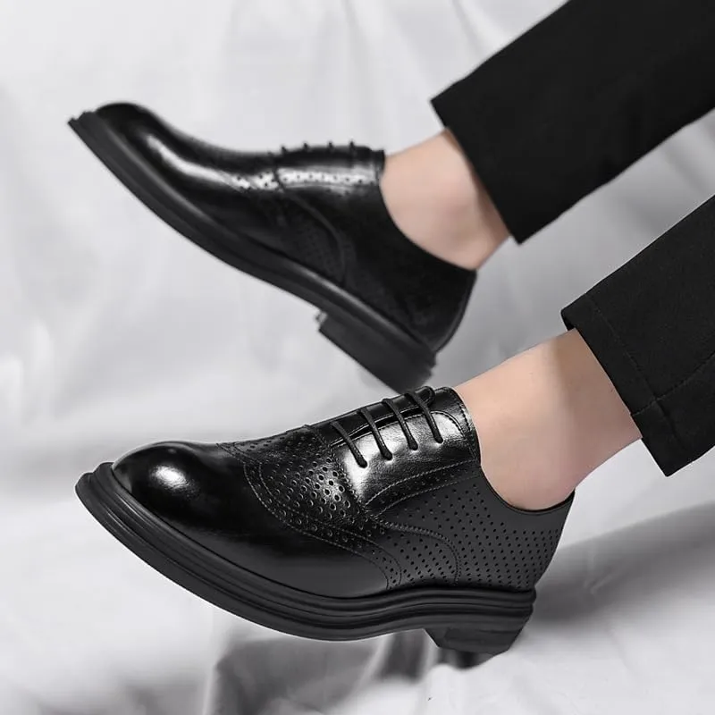 Men's Elevator Oxford 3.2" Height Increasing Elevator Shoes Wingtip Formal Leather Dress Footwear with Perforated Design