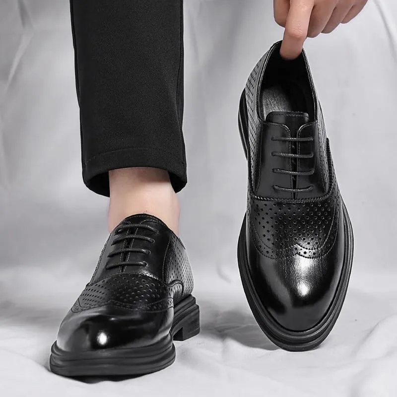 Men's Elevator Oxford 3.2" Height Increasing Elevator Shoes Wingtip Formal Leather Dress Footwear with Perforated Design