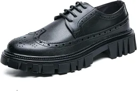 Men's Leather Oxford Dress Shoes - Platform Wingtip Oxfords - Comfortable Business Formal Slip-Resistant Work Derby Shoes