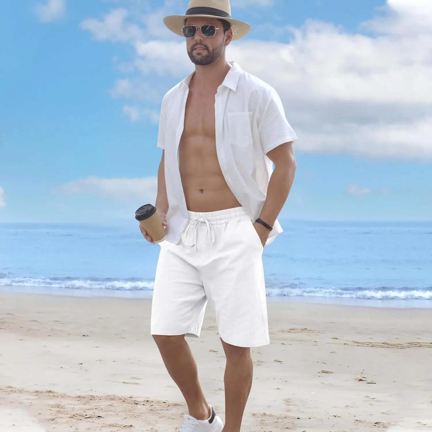 Mens Linen Shorts Casual Drawstring Elastic Waist Lightweight Breathable Summer Beach Shorts for Men