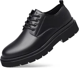 Men's Vintage Leather Lace Up Platform Oxfords Shoes Black Round Toe Soft Rubber Sole Non-Slip Waterproof Business Formal Derby Dress Shoes