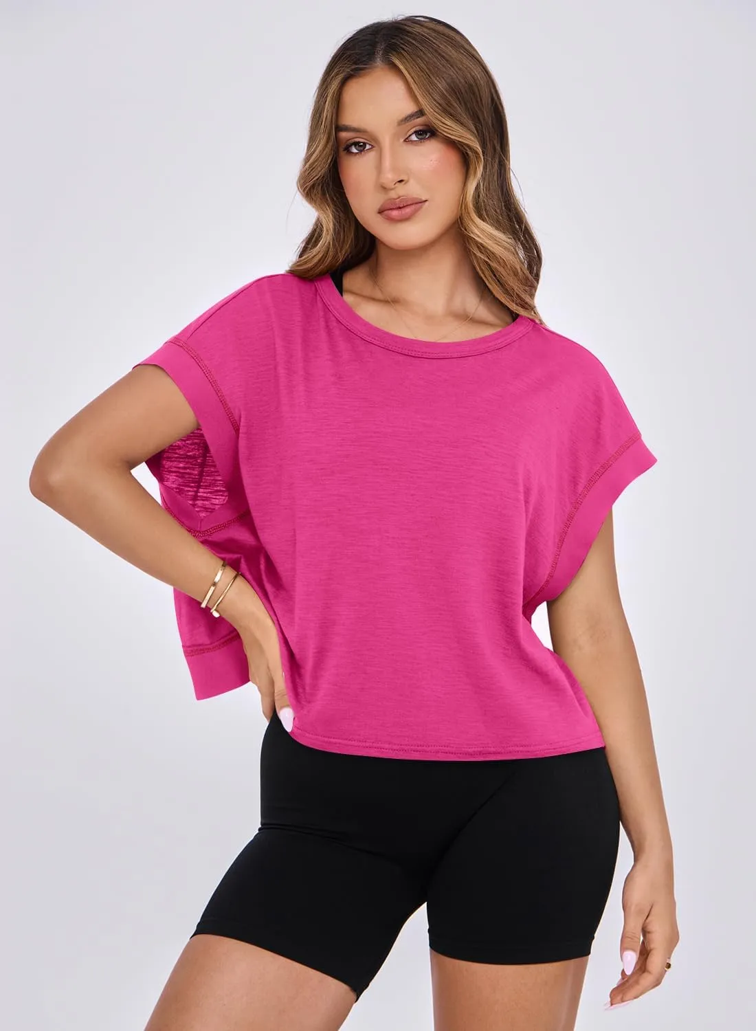 MIHOLL Womens Oversized Workout Crop Tops Open Back Casual Short Sleeve Crew Neck Cotton Loose Boxy Tshirts