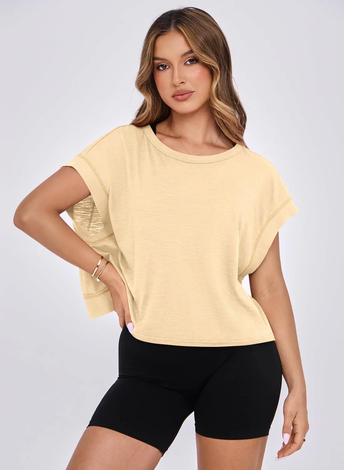 MIHOLL Womens Oversized Workout Crop Tops Open Back Casual Short Sleeve Crew Neck Cotton Loose Boxy Tshirts