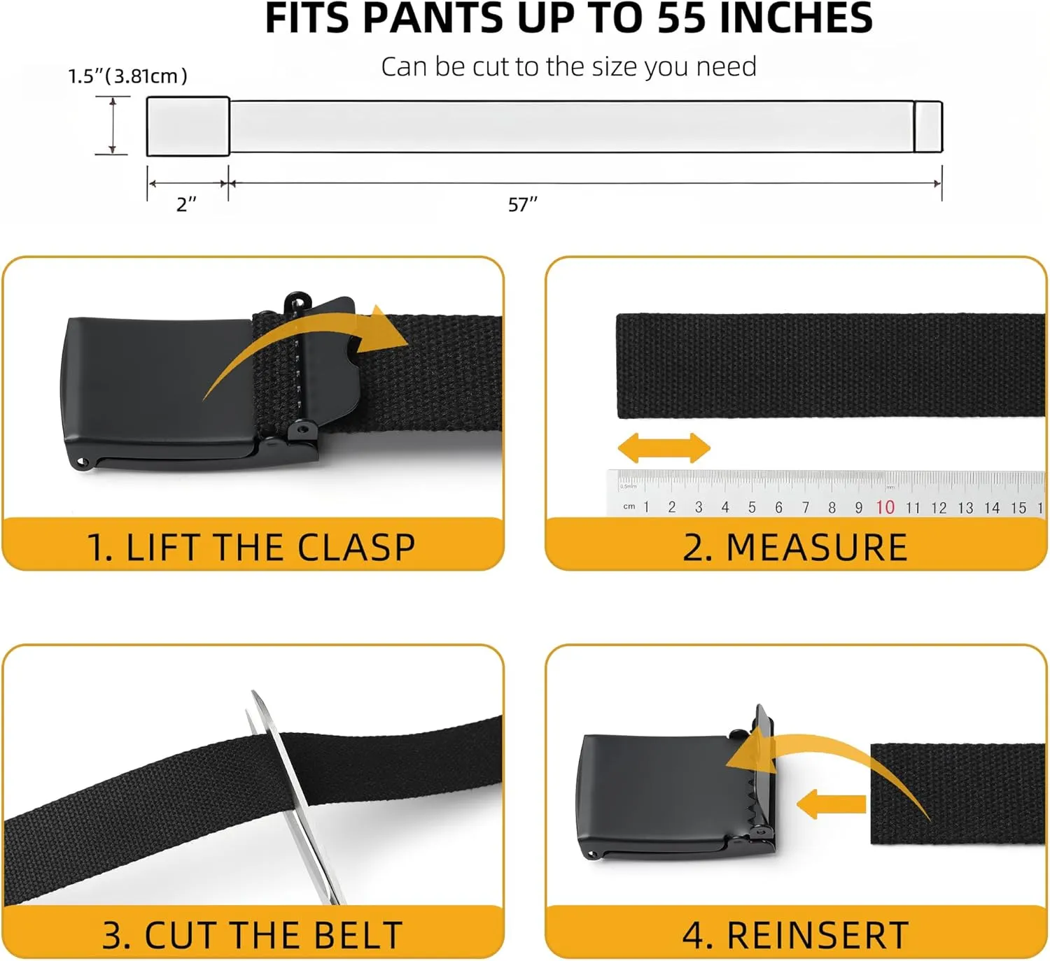 Mile High Life Cut To Fit Canvas Web Belt Size Up to 52" with Flip-Top Solid Black Military Buckle