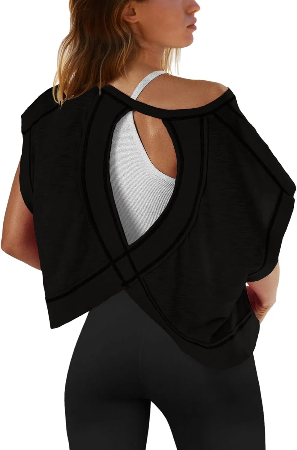 SENSERISE Womens Open Back Workout Tops Backless Short Sleeve Athletic Shirt Running Crop Top Gym Yoga Tee