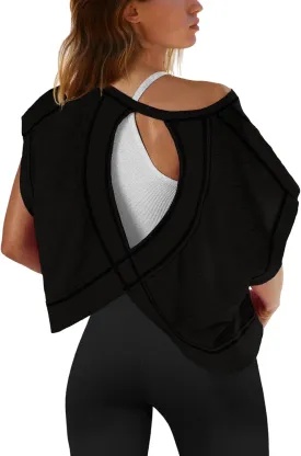 SENSERISE Womens Open Back Workout Tops Backless Short Sleeve Athletic Shirt Running Crop Top Gym Yoga Tee