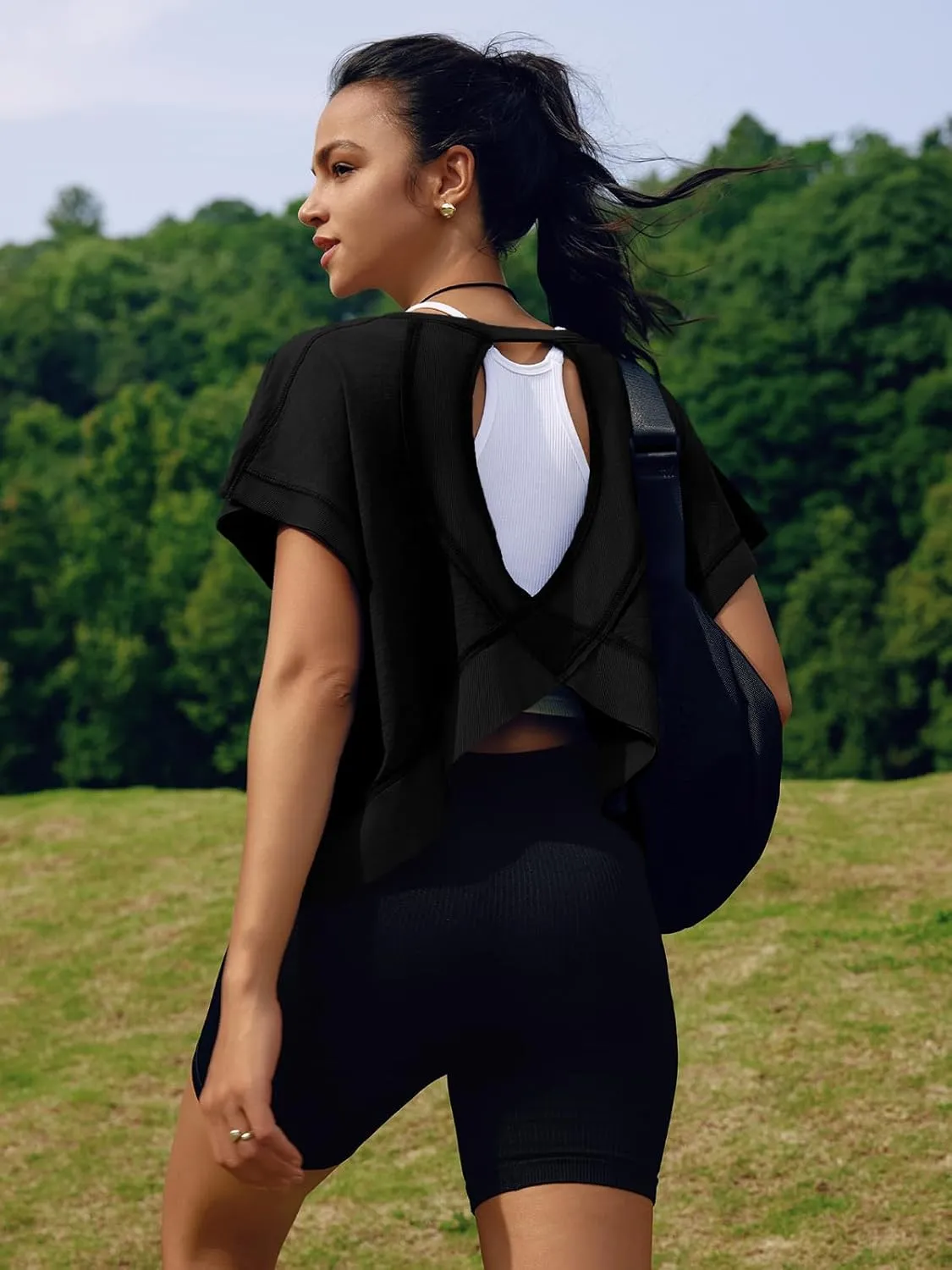 SENSERISE Womens Open Back Workout Tops Backless Short Sleeve Athletic Shirt Running Crop Top Gym Yoga Tee