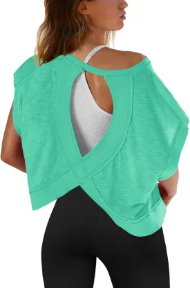 SENSERISE Womens Open Back Workout Tops Backless Short Sleeve Athletic Shirt Running Crop Top Gym Yoga Tee