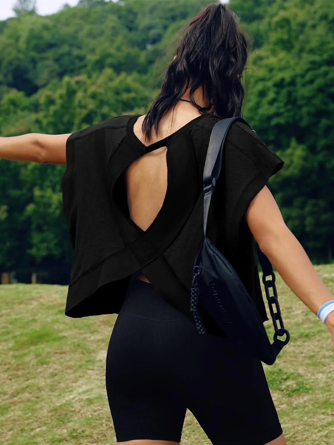 SENSERISE Womens Open Back Workout Tops Backless Short Sleeve Athletic Shirt Running Crop Top Gym Yoga Tee