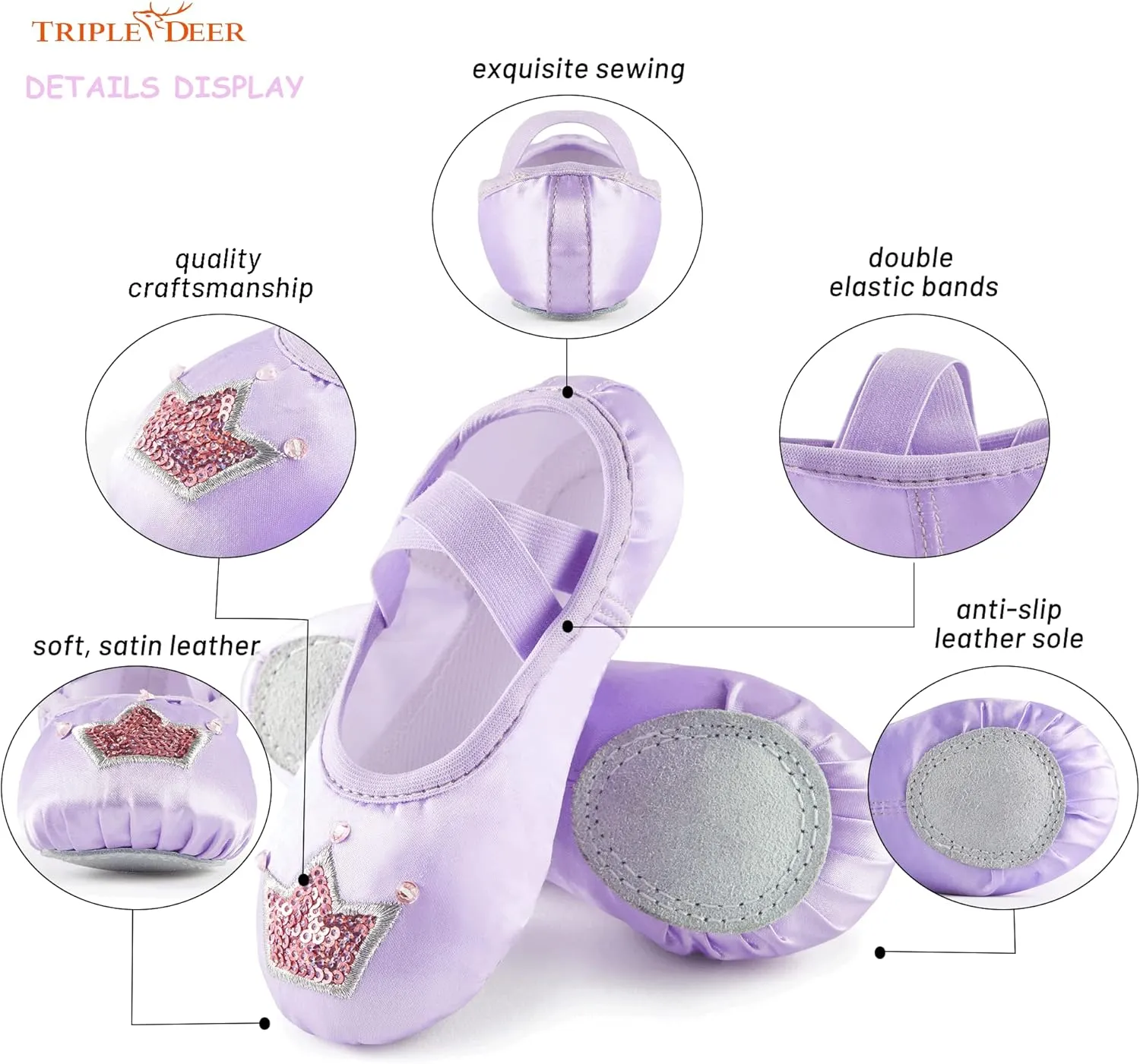 TRIPLE DEER Ballet Shoes for Girls, Satin Dance Practice Slippers Split Soft Leather Flat Sole Yoga Gymnastics Shoes (Toddler/Little/Big Kid)