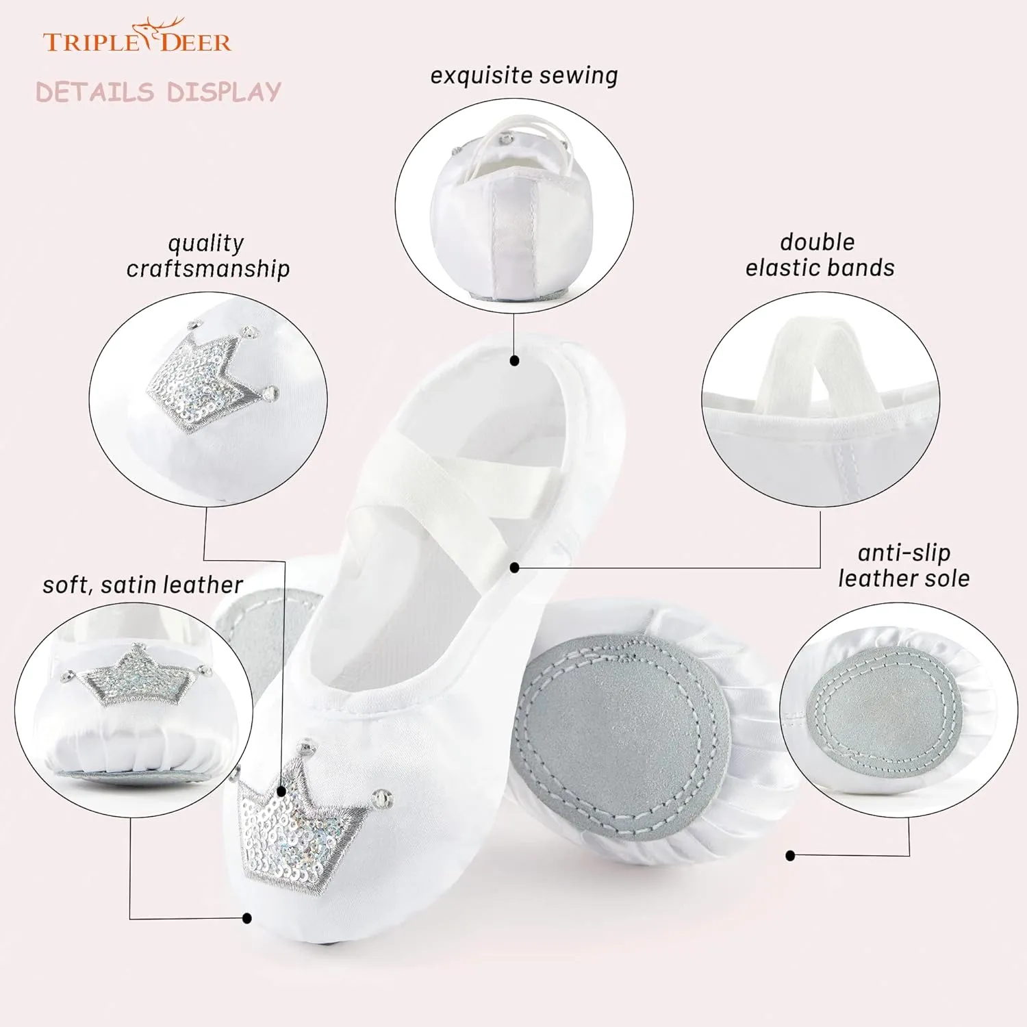 TRIPLE DEER Ballet Shoes for Girls, Satin Dance Practice Slippers Split Soft Leather Flat Sole Yoga Gymnastics Shoes (Toddler/Little/Big Kid)