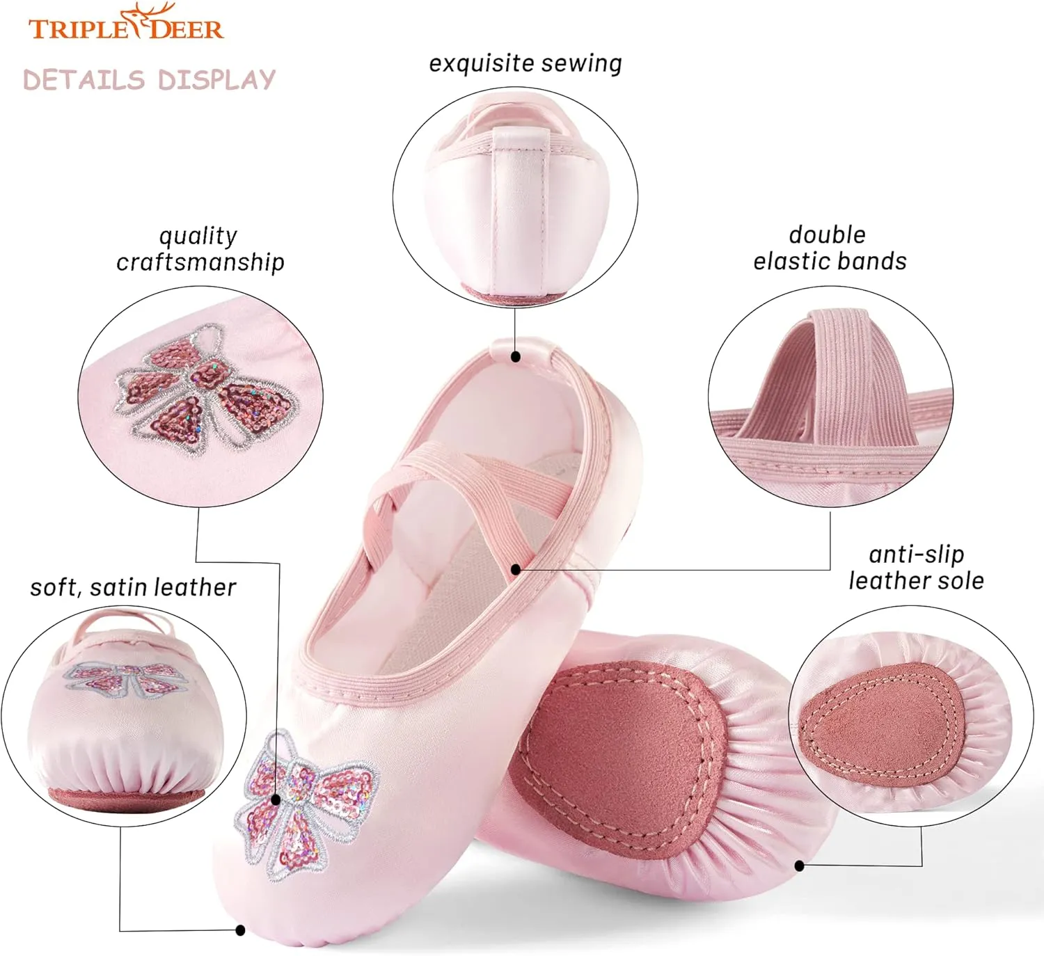 TRIPLE DEER Ballet Shoes for Girls, Satin Dance Practice Slippers Split Soft Leather Flat Sole Yoga Gymnastics Shoes (Toddler/Little/Big Kid)