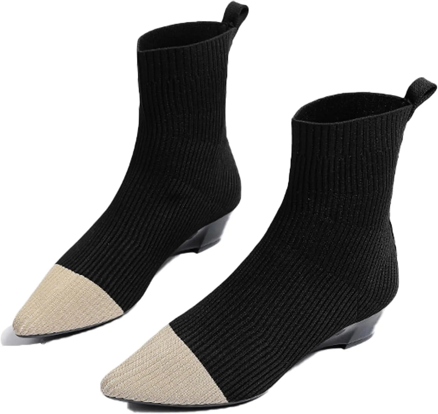 Women Knitted Elastic Chunky Low Heel Chelsea Dress Boot Sock Pointed Toe High Top Ankle Dress Boot