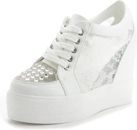 Women Wedges Sneakers with Hidden Heel Ankle High Platform Walking Shoes Fashion Bride Wedding Shoes