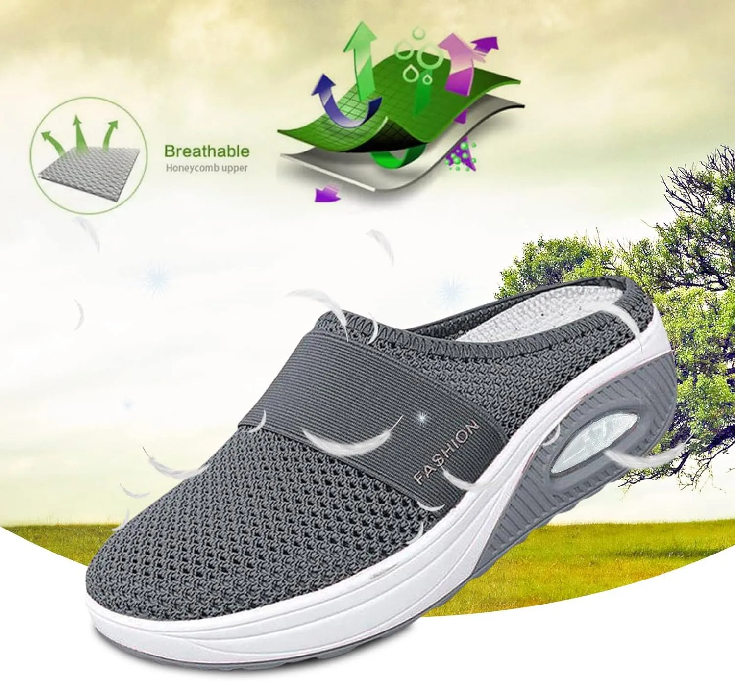 Womens Backless Sneakers Mesh Slip-on Mule Shoes Womens Running Shoes Wide Dress Casual Shoes Fashion Sneakers Waterproof Tennis Shoe Cross Trainer Shoe