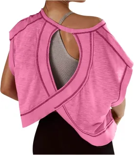 Womens Open Back Workout Tops Short Sleeve Y2k Yoga Shirts Athletic Gym Slouchy Crop Top Casual Backless Running Tees