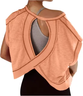Womens Open Back Workout Tops Short Sleeve Y2k Yoga Shirts Athletic Gym Slouchy Crop Top Casual Backless Running Tees