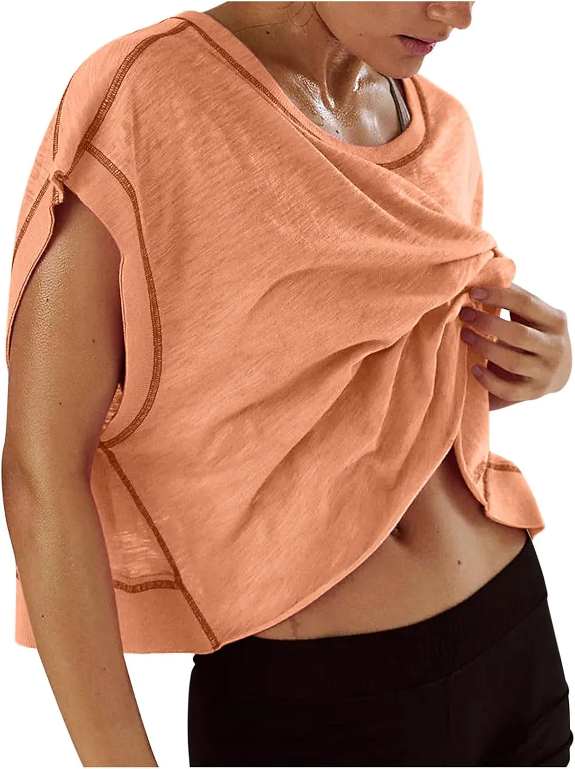 Womens Open Back Workout Tops Short Sleeve Y2k Yoga Shirts Athletic Gym Slouchy Crop Top Casual Backless Running Tees