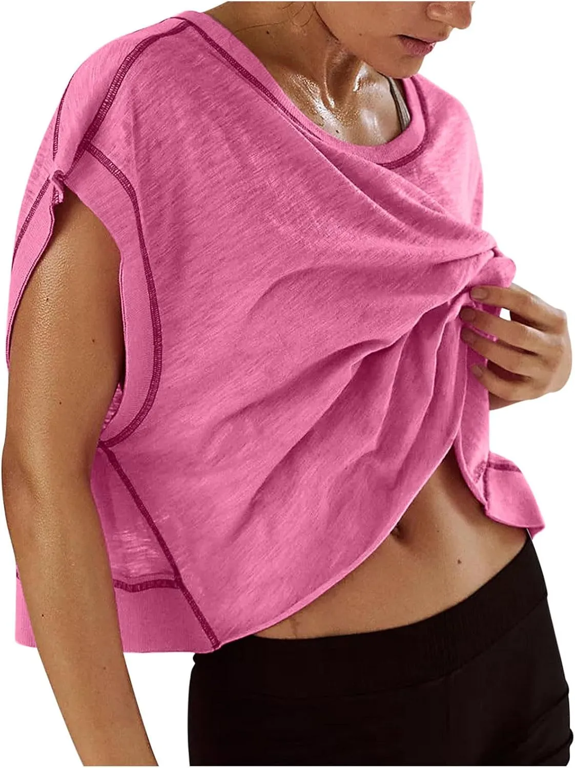 Womens Open Back Workout Tops Short Sleeve Y2k Yoga Shirts Athletic Gym Slouchy Crop Top Casual Backless Running Tees