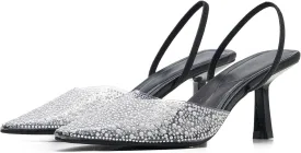 Women's Pointy Toe Slingback Heels Pearl Kitten Heels Sparkly Rhinestone Heeled Sandals Slip On Wedding Party Shoes