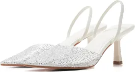 Women's Pointy Toe Slingback Heels Pearl Kitten Heels Sparkly Rhinestone Heeled Sandals Slip On Wedding Party Shoes