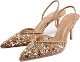 Women's Pointy Toe Slingback Heels Pearl Kitten Heels Sparkly Rhinestone Heeled Sandals Slip On Wedding Party Shoes