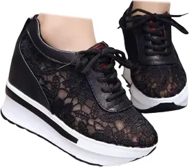 Womenyiaor Platform Hidden Heel Sneaker for Women, Women's Platform Wedge Sneakers Dressy Lace Up Shoes High Heeld High Top Sneakers Fashion Hidden Wedge Tennis Shoes Casual Canvas Shoes