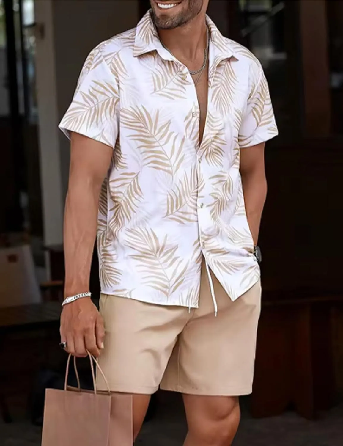 Yimoon Men's Summer 2 Piece Outfits Tropical Print Short Sleeve Button Down Hawaiian Beach Shirt and Shorts Set