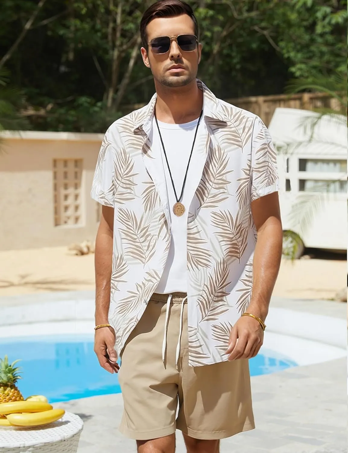 Yimoon Men's Summer 2 Piece Outfits Tropical Print Short Sleeve Button Down Hawaiian Beach Shirt and Shorts Set