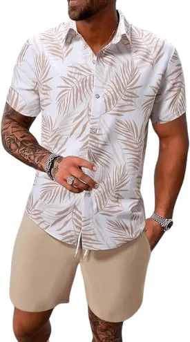 Yimoon Men's Summer 2 Piece Outfits Tropical Print Short Sleeve Button Down Hawaiian Beach Shirt and Shorts Set