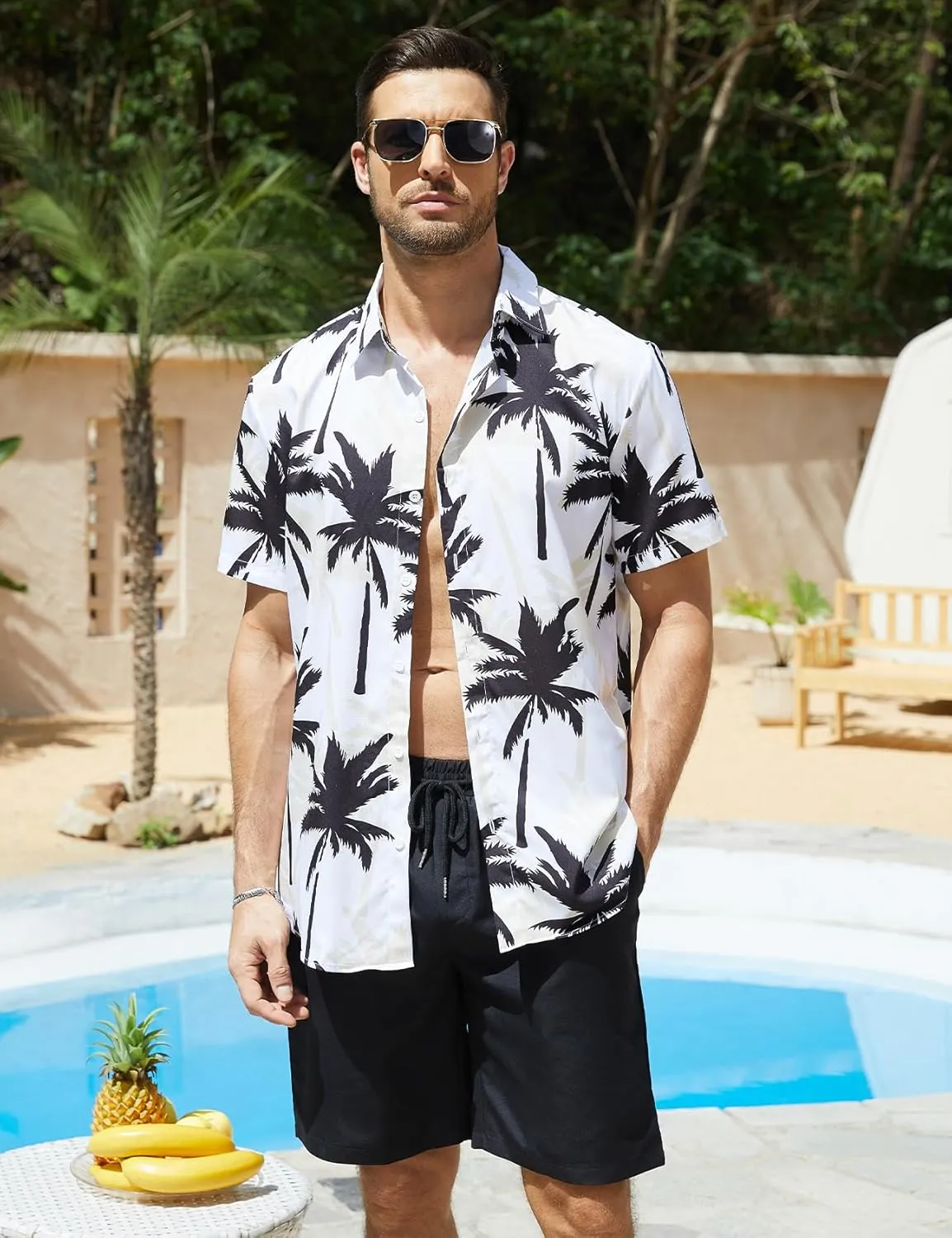 Yimoon Men's Summer 2 Piece Outfits Tropical Print Short Sleeve Button Down Hawaiian Beach Shirt and Shorts Set