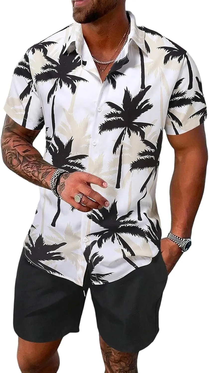 Yimoon Men's Summer 2 Piece Outfits Tropical Print Short Sleeve Button Down Hawaiian Beach Shirt and Shorts Set